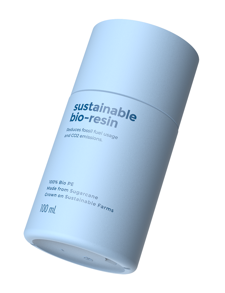 Light blue bottle labeled sustainable bio-resin, 100% bio PE made from sugarcane, 100 ml