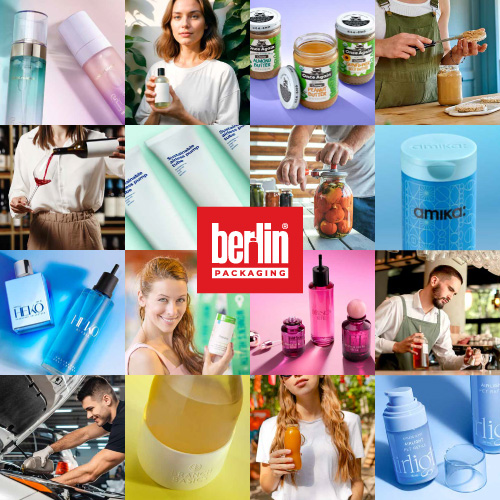 Collage of skincare, food jars, drinks, and people using cosmetic and food products with Berlin Packaging logo center.