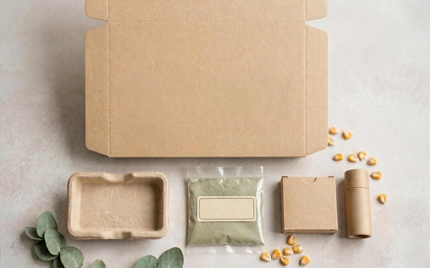 Eco-friendly empty kraft paper packaging and containers arranged with corn kernels and green leaves.