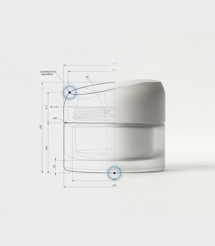 Glass jar with a rounded lid shown with technical construction geometry and measurements.