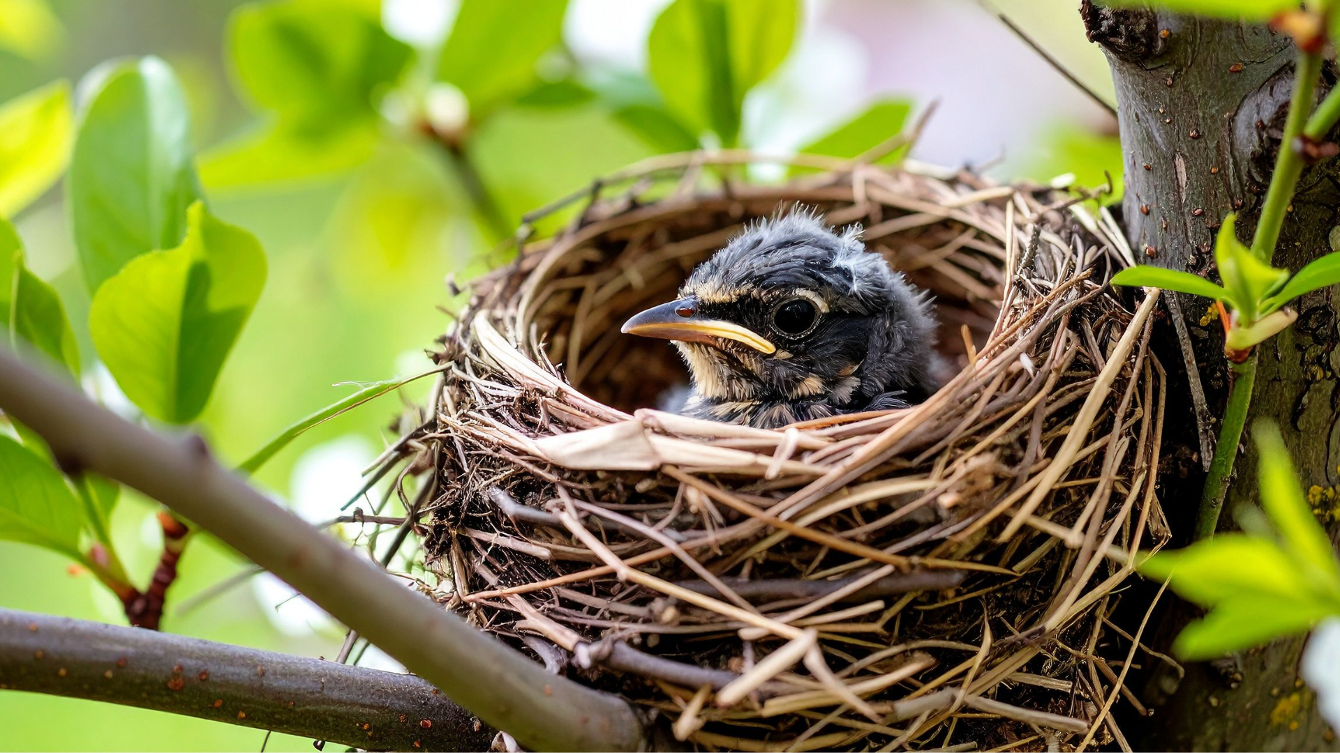 Bird nest with eggs tucked into the branches of a forest tree