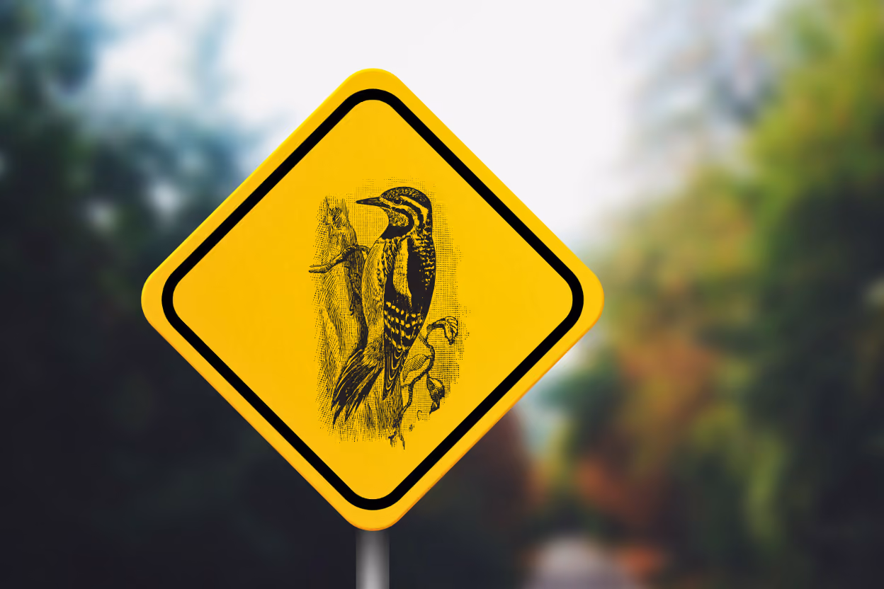A Yellow-bellied Sapsucker drumming on a metal road sign in spring.