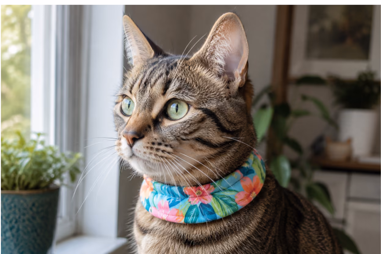 A house cat wearing a brightly colored collar cover sitting in a garden.