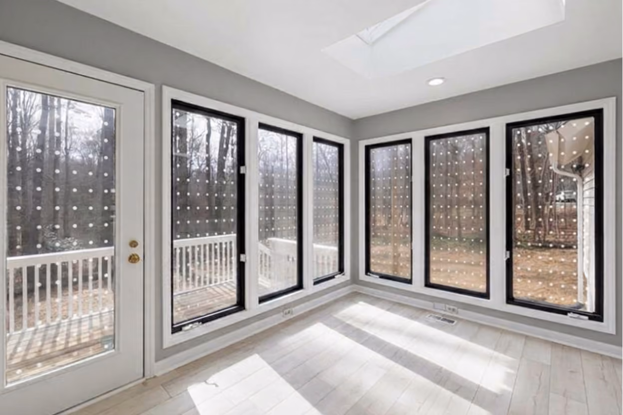 A large house window covered with an evenly spaced grid of small white dots to prevent bird strikes.