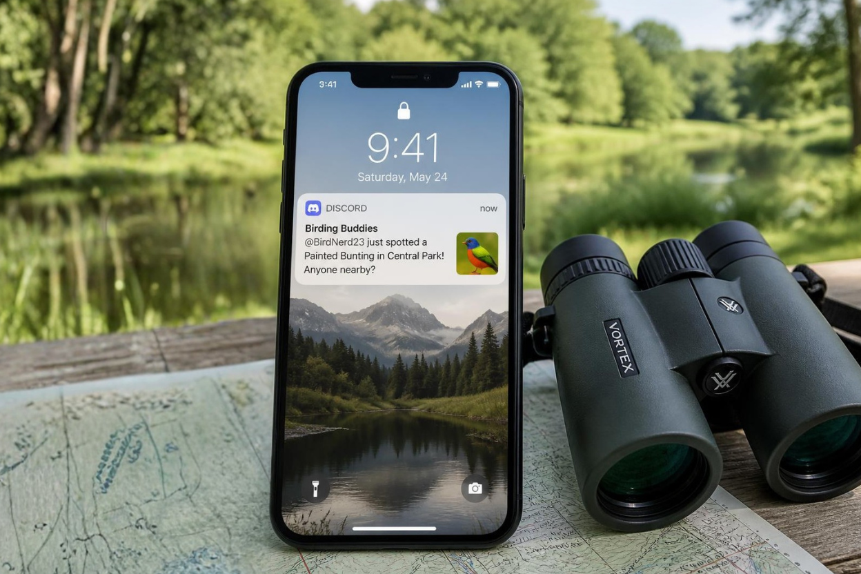 A smartphone showing a birding chat notification resting on a map beside a pair of binoculars.