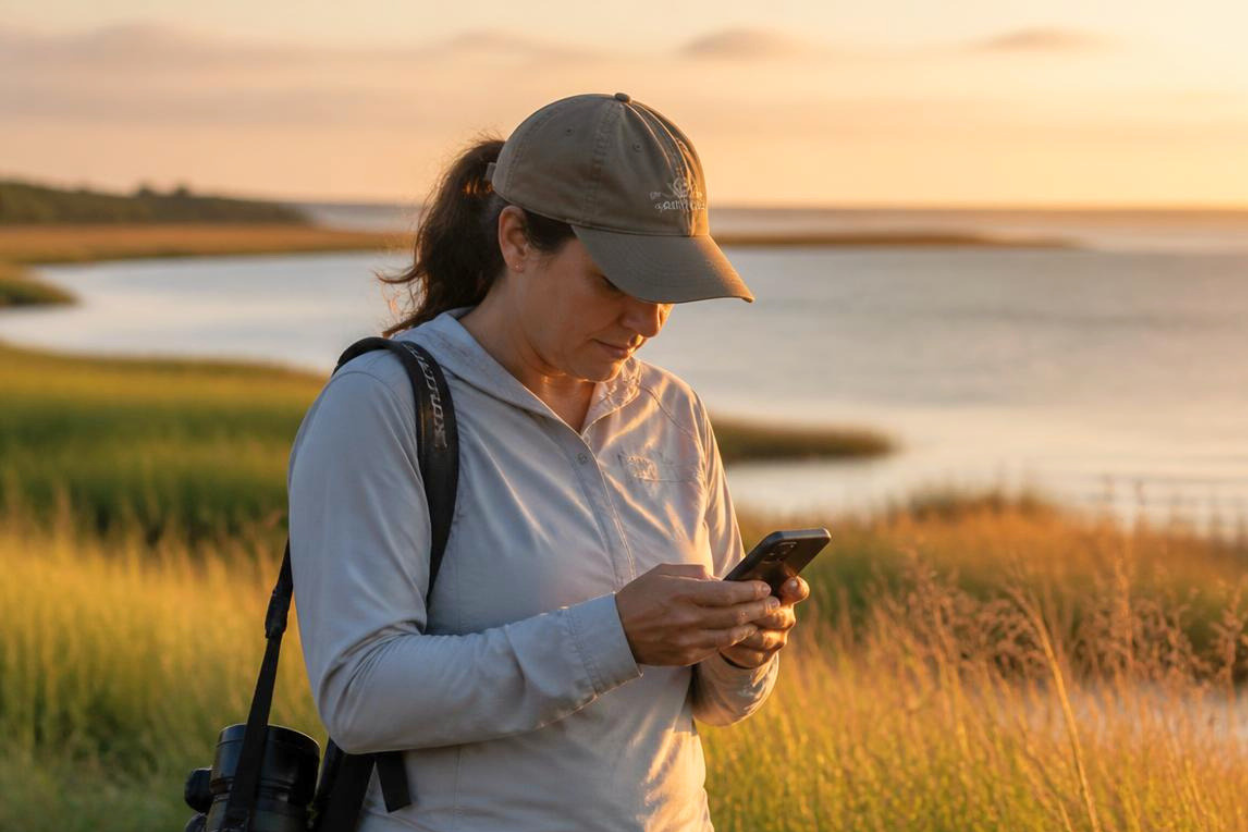 A birder checking a phone alert at the edge of a coastal marsh, scope over one shoulder.