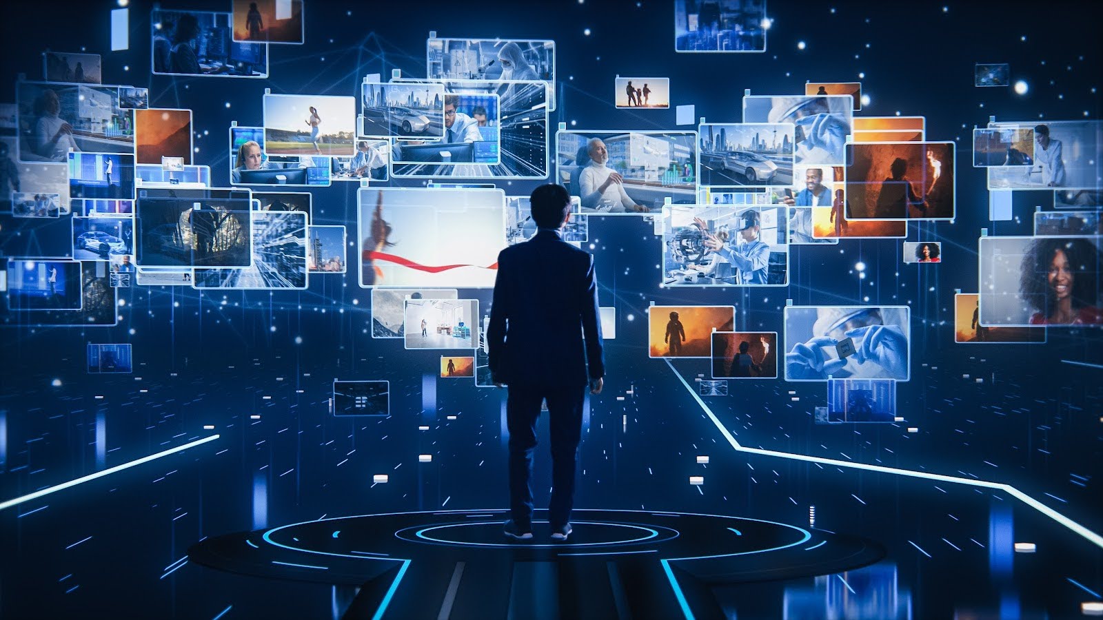 Hombre en traje de pie en un cuarto azul con hologramas de diferentes películas | 7 Películas Similares A 10 Cosas Que Odio De Ti