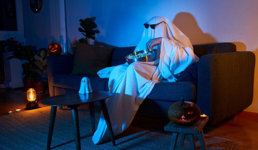 Hombre disfrazado de fantasma viendo una película | Las mejores películas de Halloween