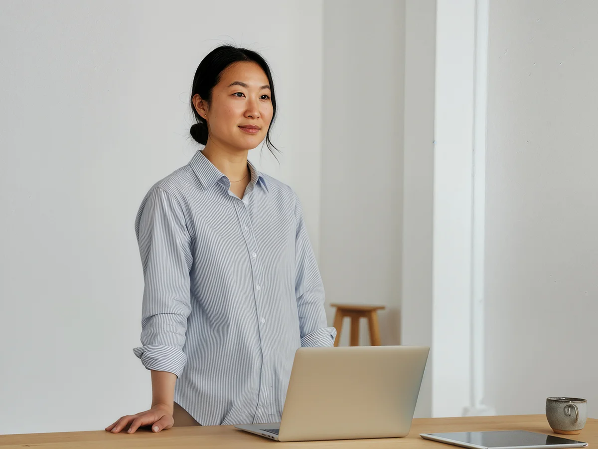 Woman standing at a wooden desk with a laptop, tablet, and coffee cup in a bright minimalist room.