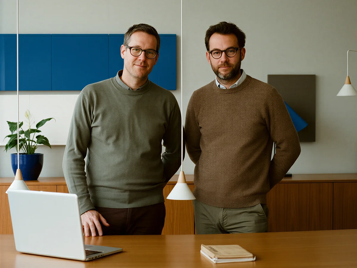Two casually dressed men wearing glasses standing behind a wooden table with a laptop and notebooks in a modern office setting.