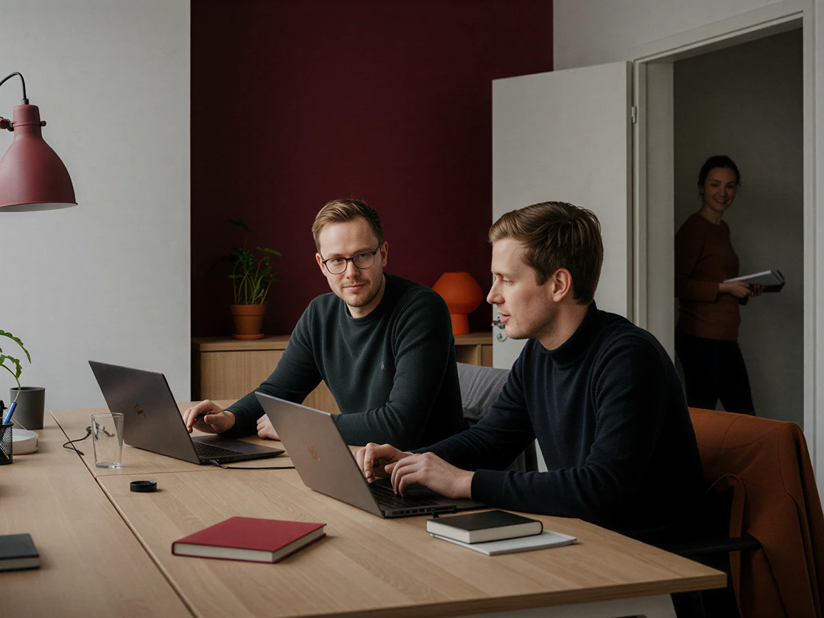 Two men working on laptops at a wooden desk in a modern office, with a woman holding a notebook entering through a door.