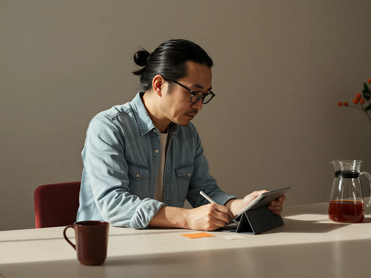 Man with glasses and a denim shirt using a stylus on a tablet at a table with a coffee mug and a glass jug.