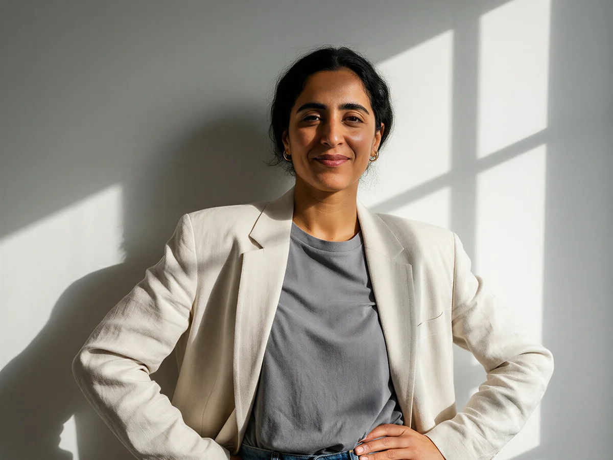 Confident woman with dark hair wearing a white blazer and grey shirt standing with hands on hips in front of a sunlit window.