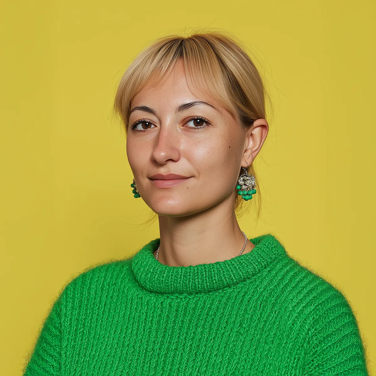Young woman with short blonde hair wearing a bright green sweater and dangling earrings against a yellow background.