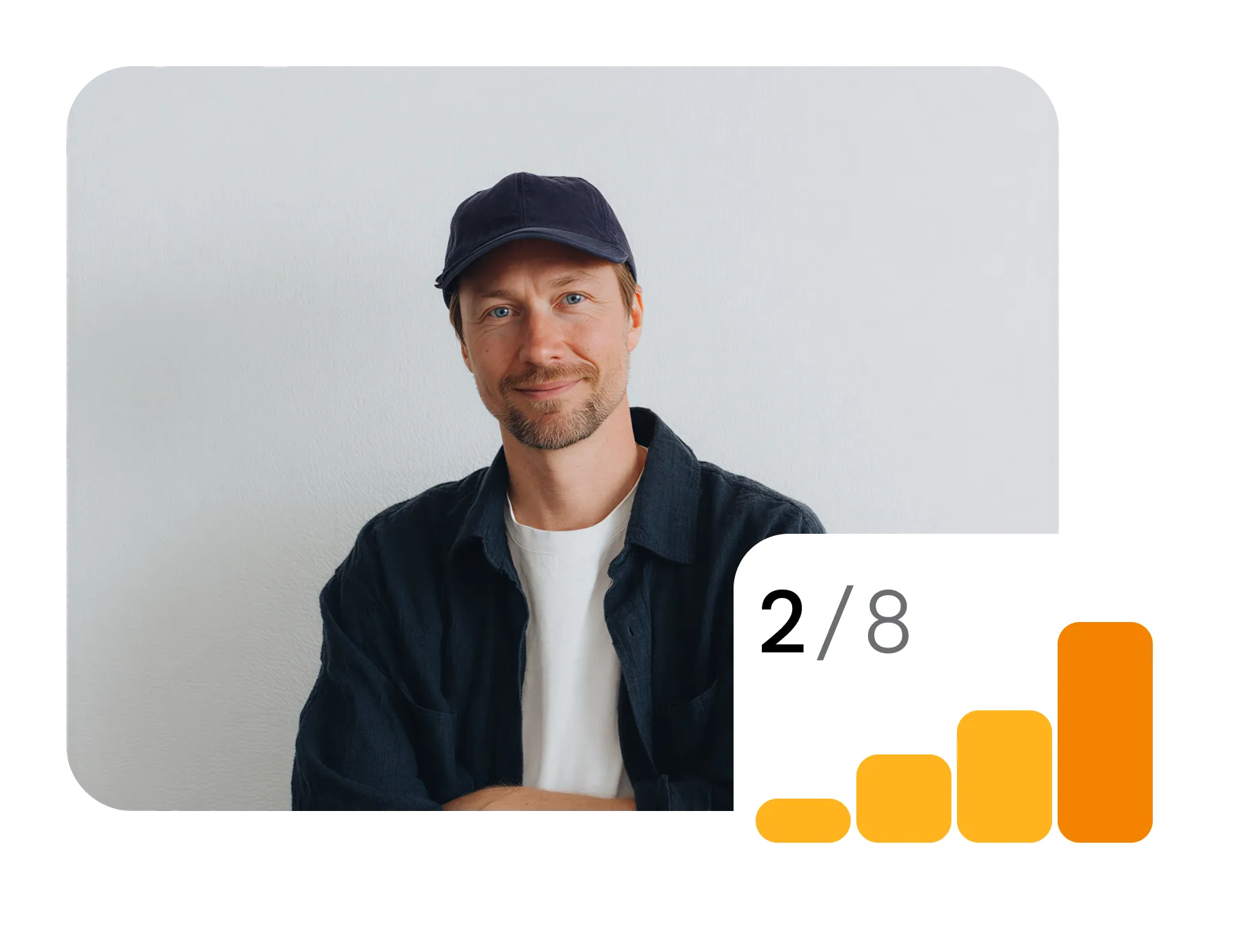 Smiling man wearing a black cap and dark shirt over a white t-shirt against a light gray background, with a graphic showing 2 out of 8 signal bars in orange.