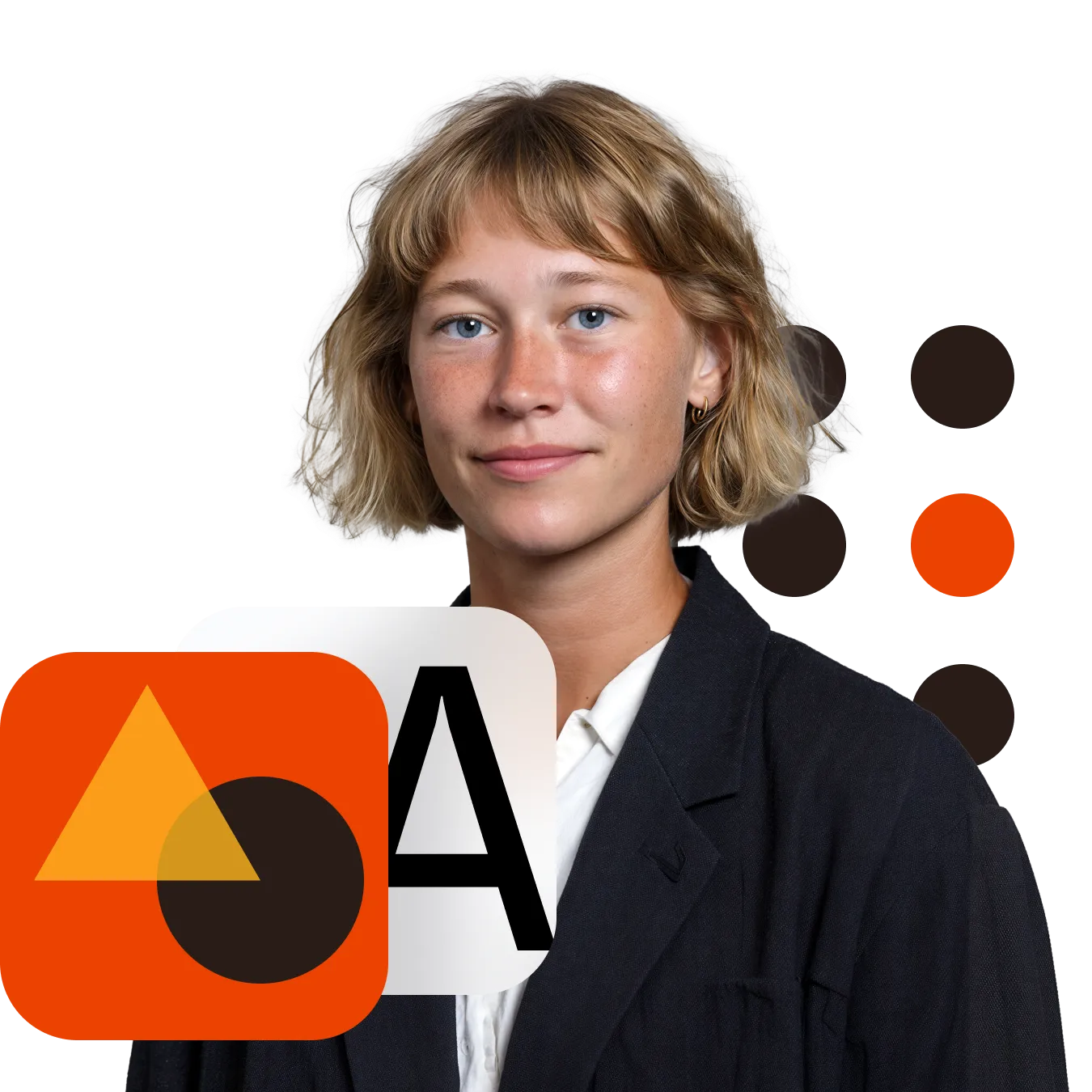 Portrait of a young woman with short blonde hair wearing a black blazer and white shirt, with abstract orange and black geometric shapes in the background.
