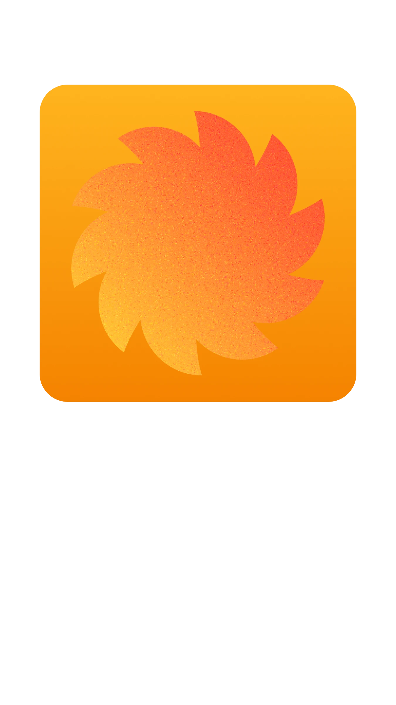Orange square with rounded corners containing a stylized circular shape with multiple flame-like petals in a gradient from yellow to red.