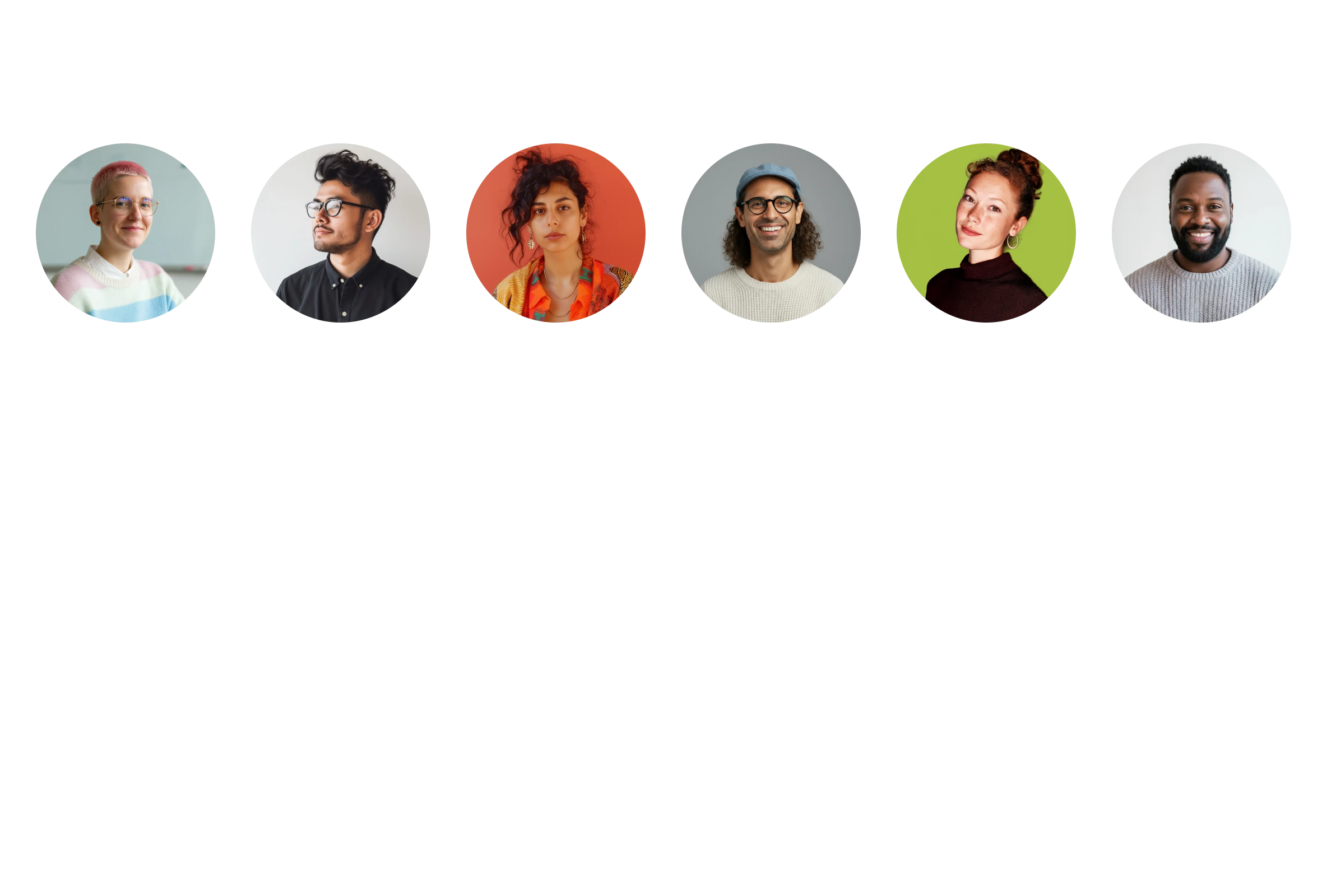 Six diverse people with various hairstyles and eyeglasses, each in a circular portrait with colored backgrounds.