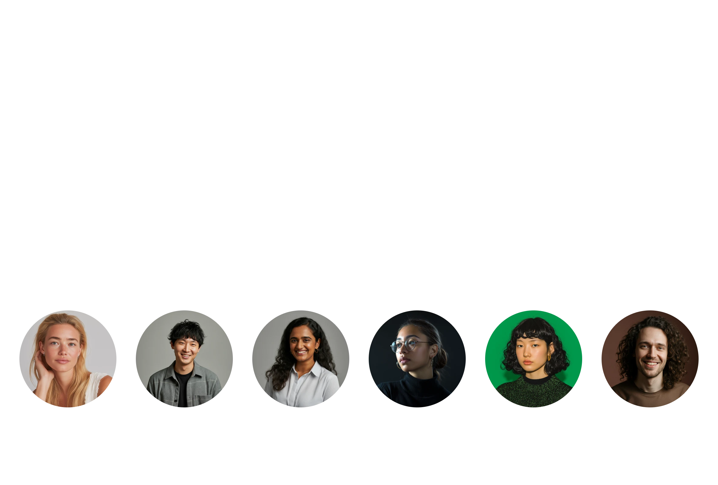 Row of six diverse young adults with various hairstyles and expressions, each in a circular frame with different solid color backgrounds.