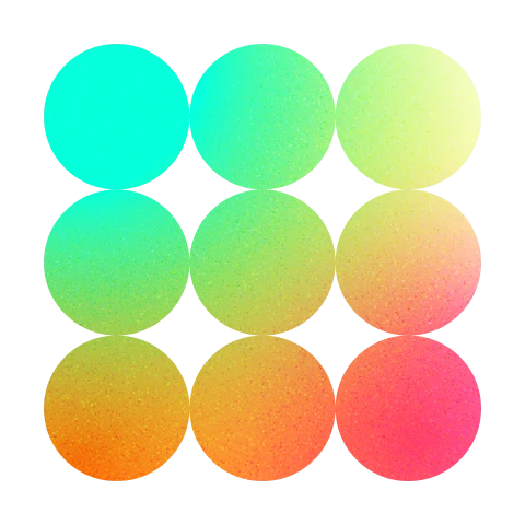 A 3x3 grid of nine circles with gradient colors blending turquoise, green, yellow, orange, and pink on a white background.