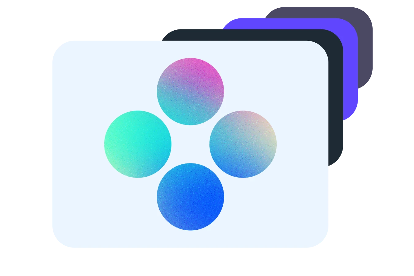 Stylized stack of rounded rectangles with a cluster of four gradient-colored circles in front.