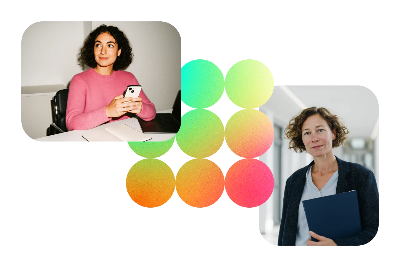Two professional women, one holding a smartphone at a desk, the other holding a folder in a hallway.