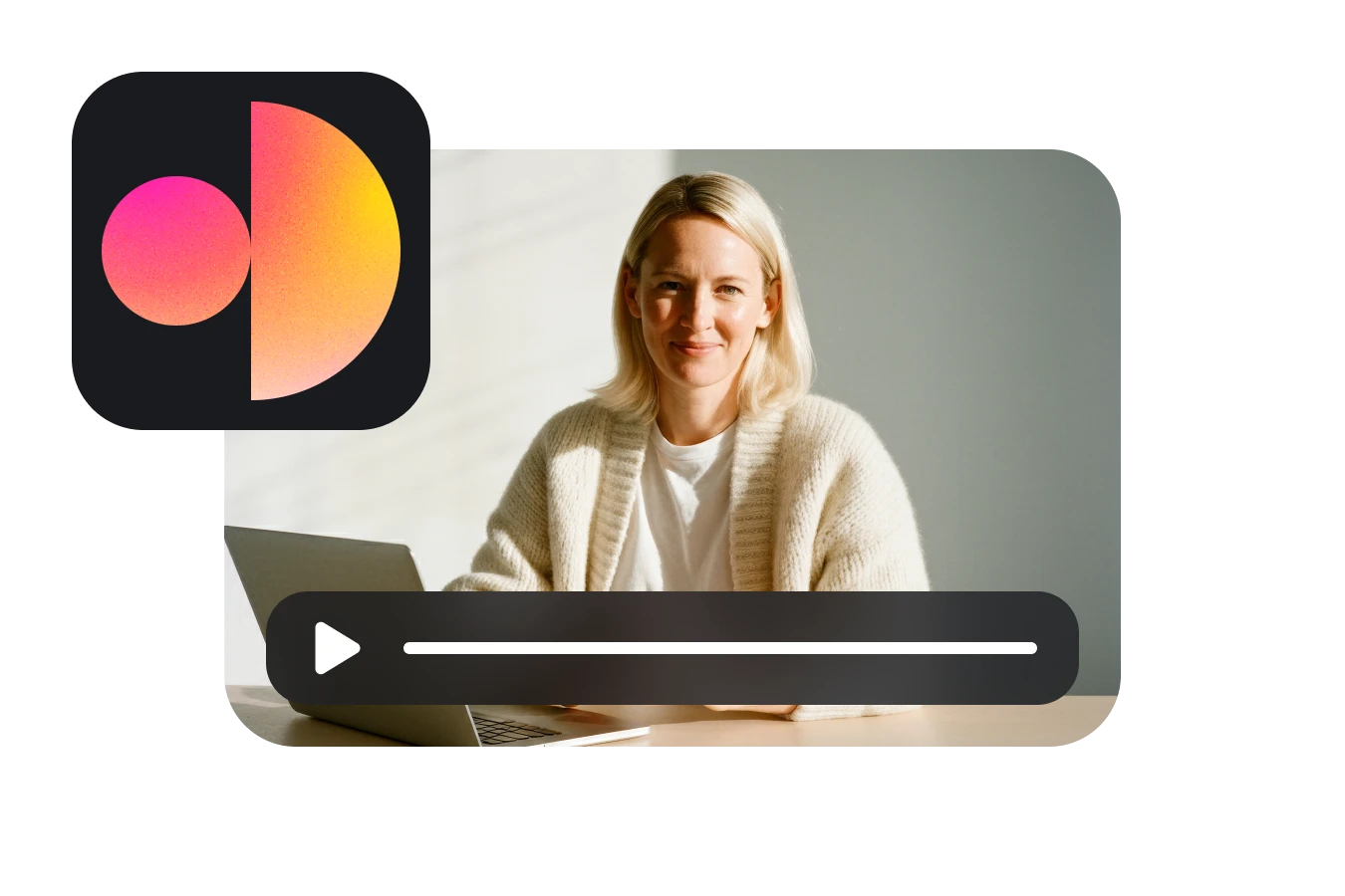 Smiling woman with blonde hair sitting at a desk with a laptop, video play bar overlay, and a colorful logo in the top left corner.