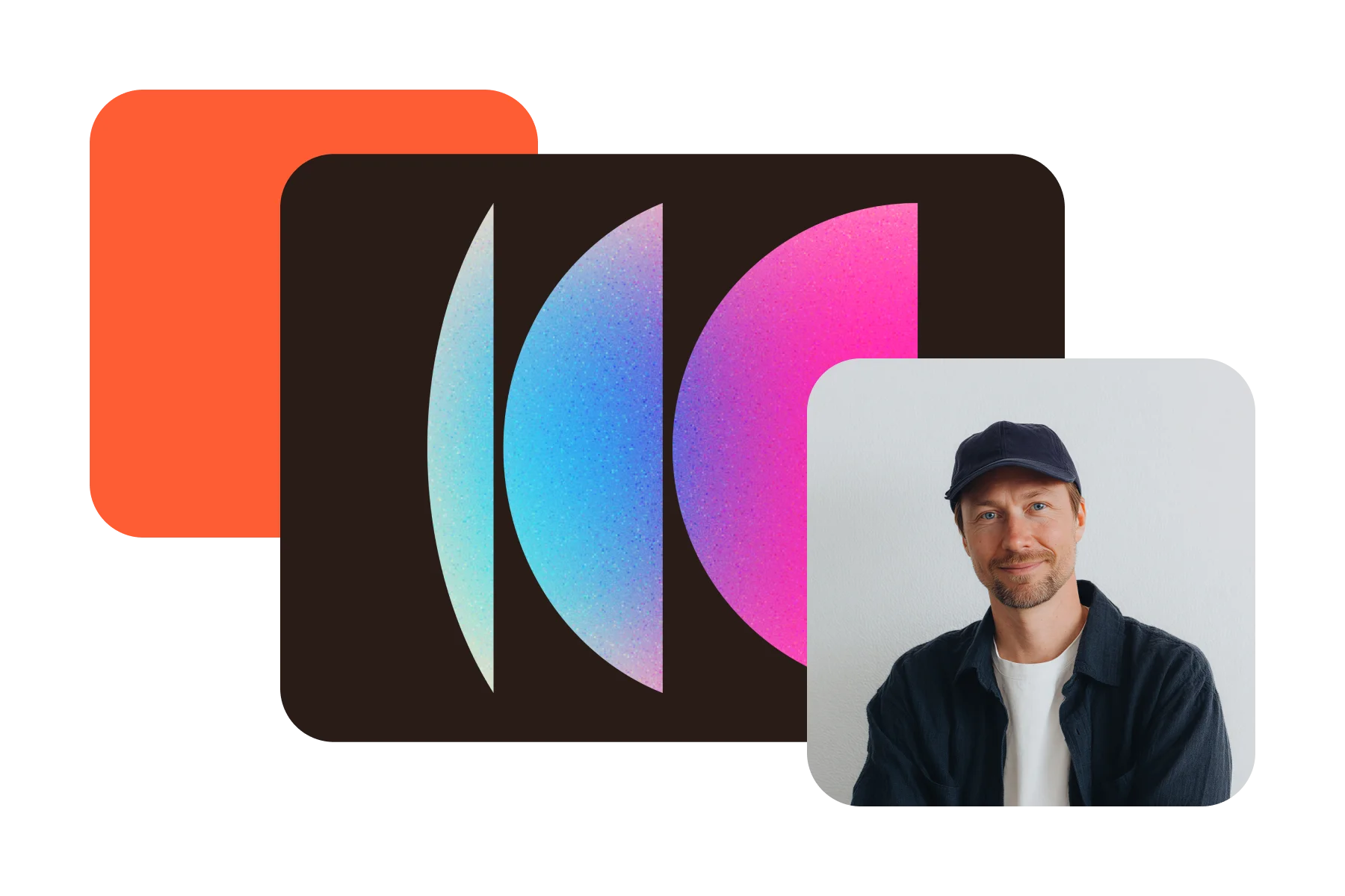 Smiling man wearing a black cap and dark shirt over a white t-shirt in front of a plain light background, beside colorful overlapping geometric shapes.