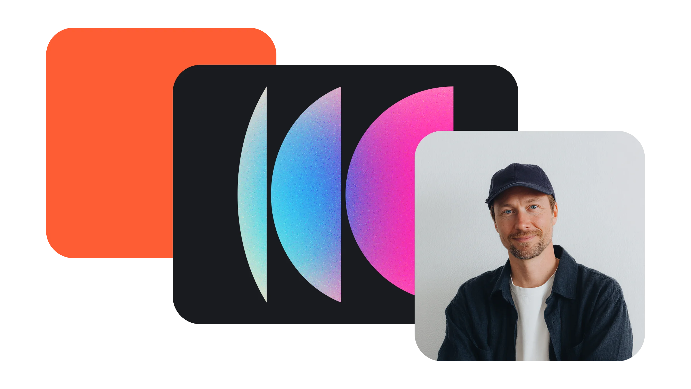 Smiling man wearing a black cap and dark jacket over a white shirt against a plain light background, next to colorful overlapping rounded shapes.