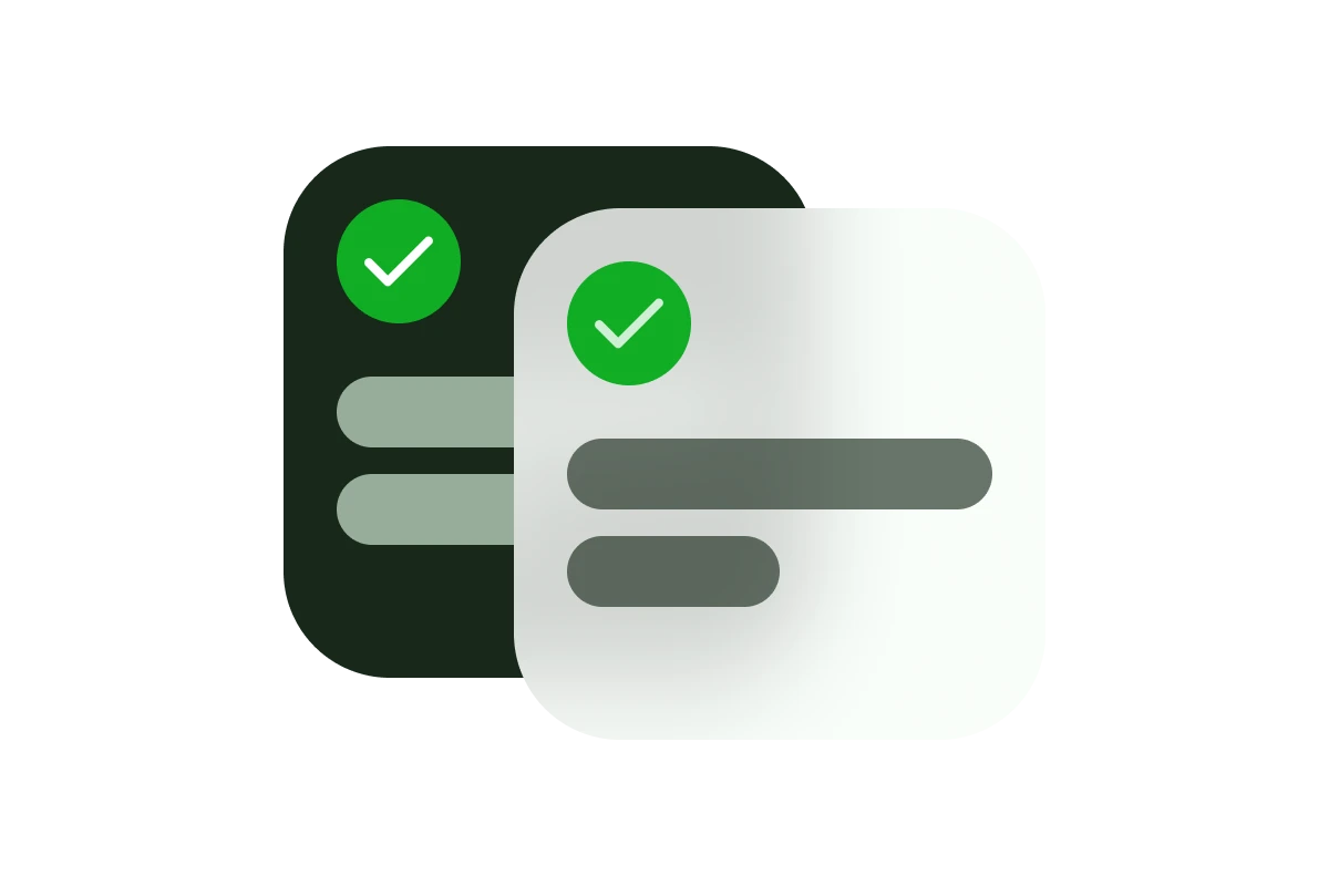 Two overlapping cards with green checkmarks and horizontal lines representing approved or verified items.