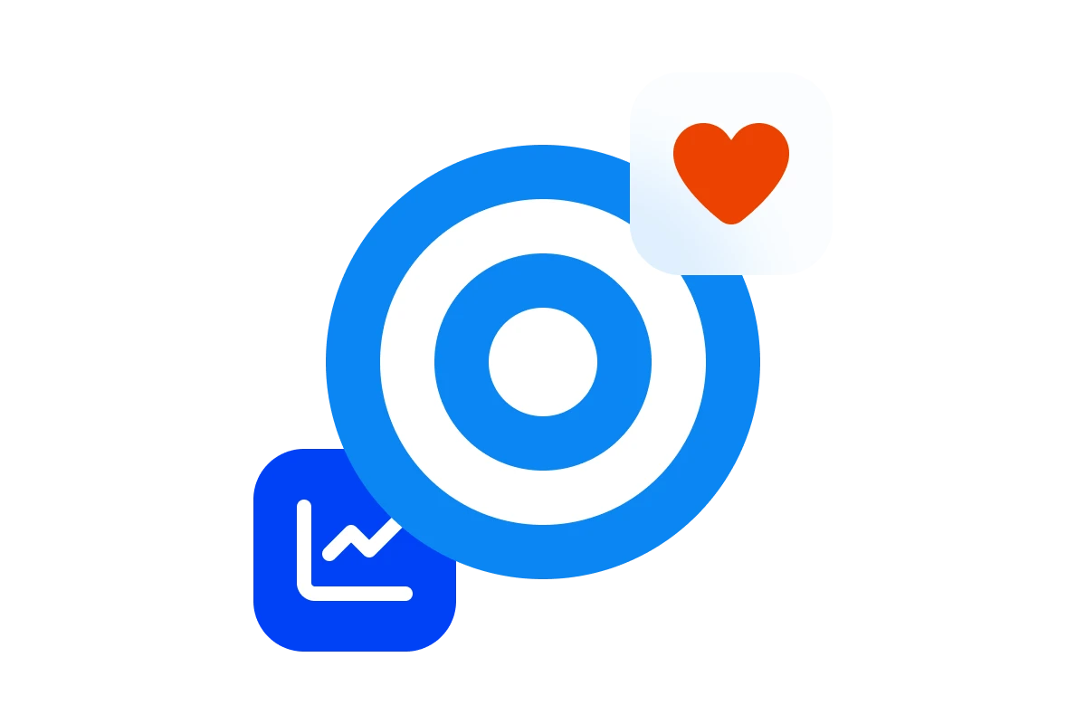 Blue and white target symbol with a red heart icon above and a blue graph icon below.