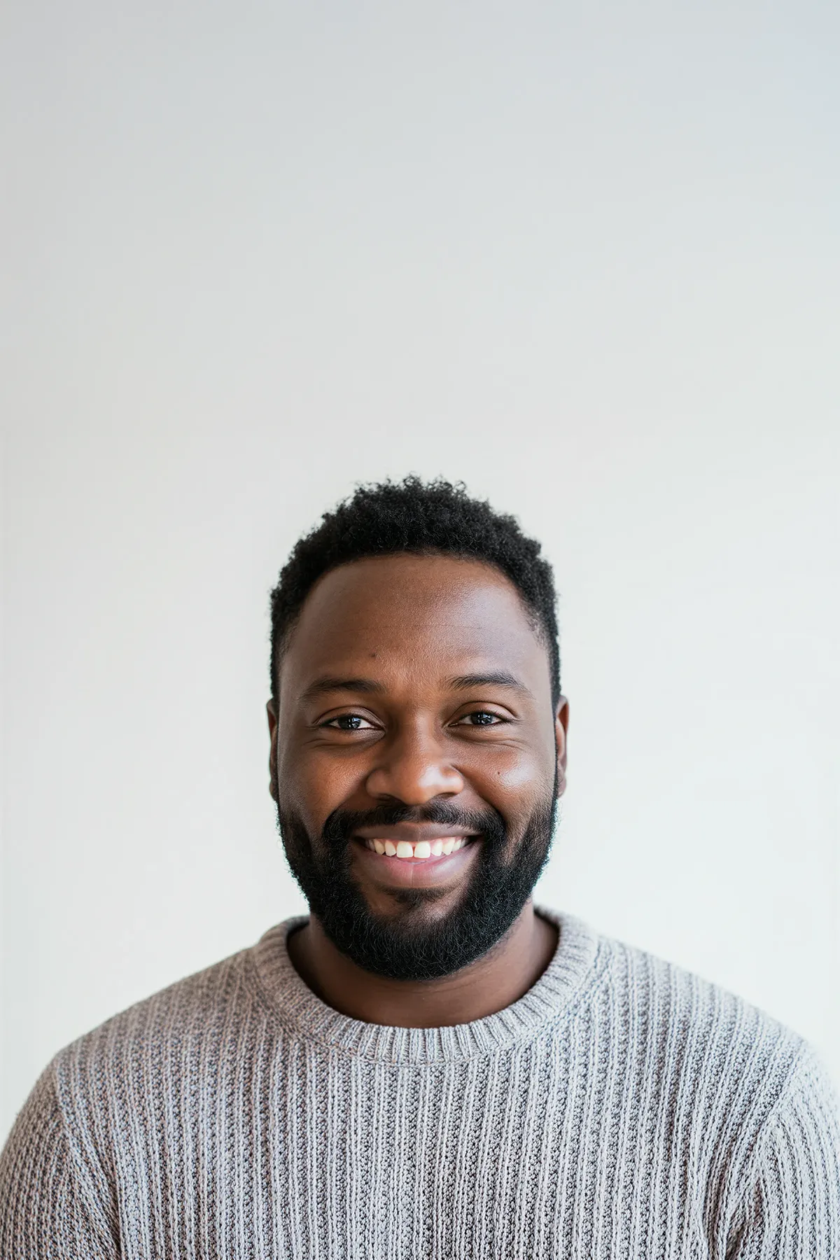 Smiling man with short curly hair and beard wearing a gray knitted sweater against a light gray background.