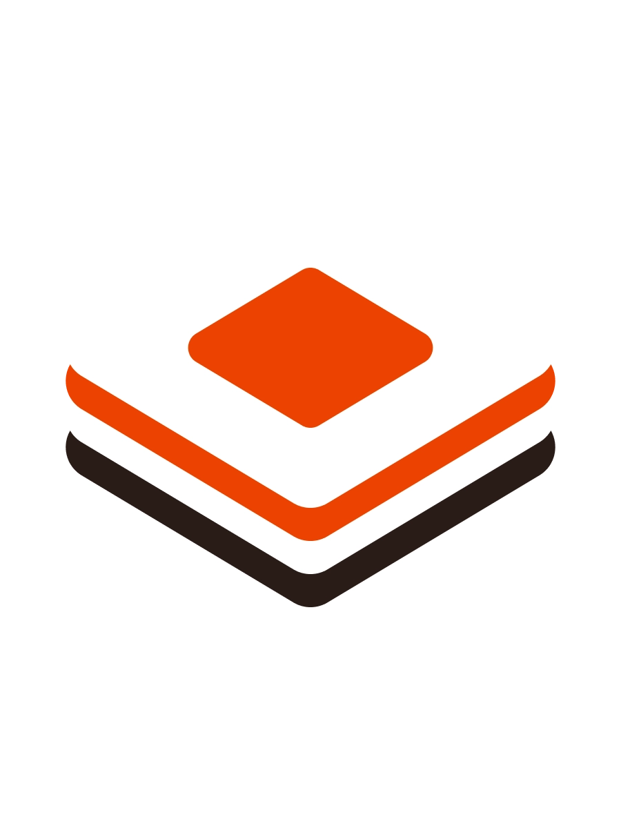 Abstract layered square shapes in orange, white, and black stacked with a diamond shape on top.