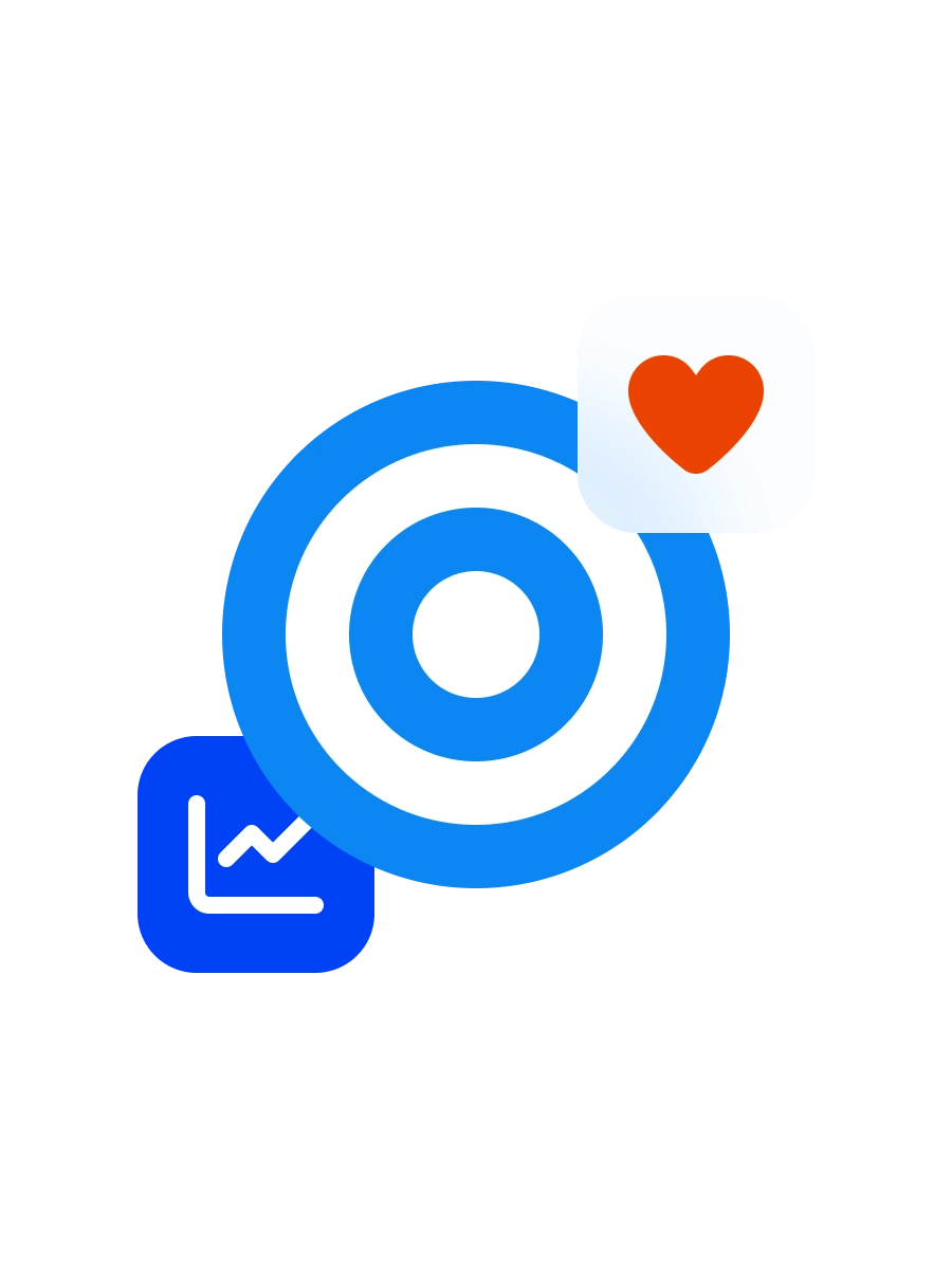 Blue and white target icon with a red heart and a blue upward trending graph symbol.