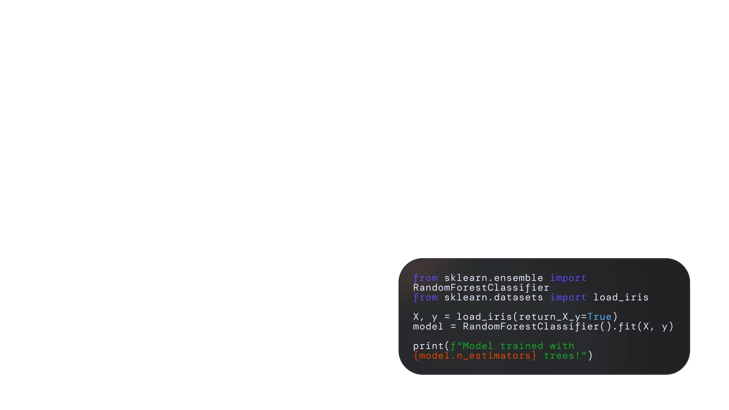 Python code snippet importing RandomForestClassifier and load_iris from sklearn, loading iris dataset, training a random forest model, and printing the number of trees.