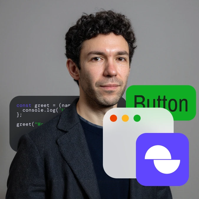 Man with curly hair wearing a dark blazer stands in front of a gray background with overlapping graphics including a code snippet, a green button labeled 'Button', and app window icons.