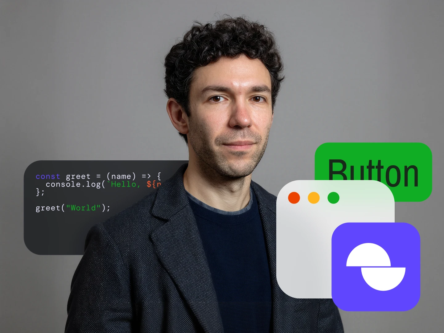 Man with curly hair wearing a dark blazer stands in front of a gray background with a JavaScript code snippet and graphic UI elements.
