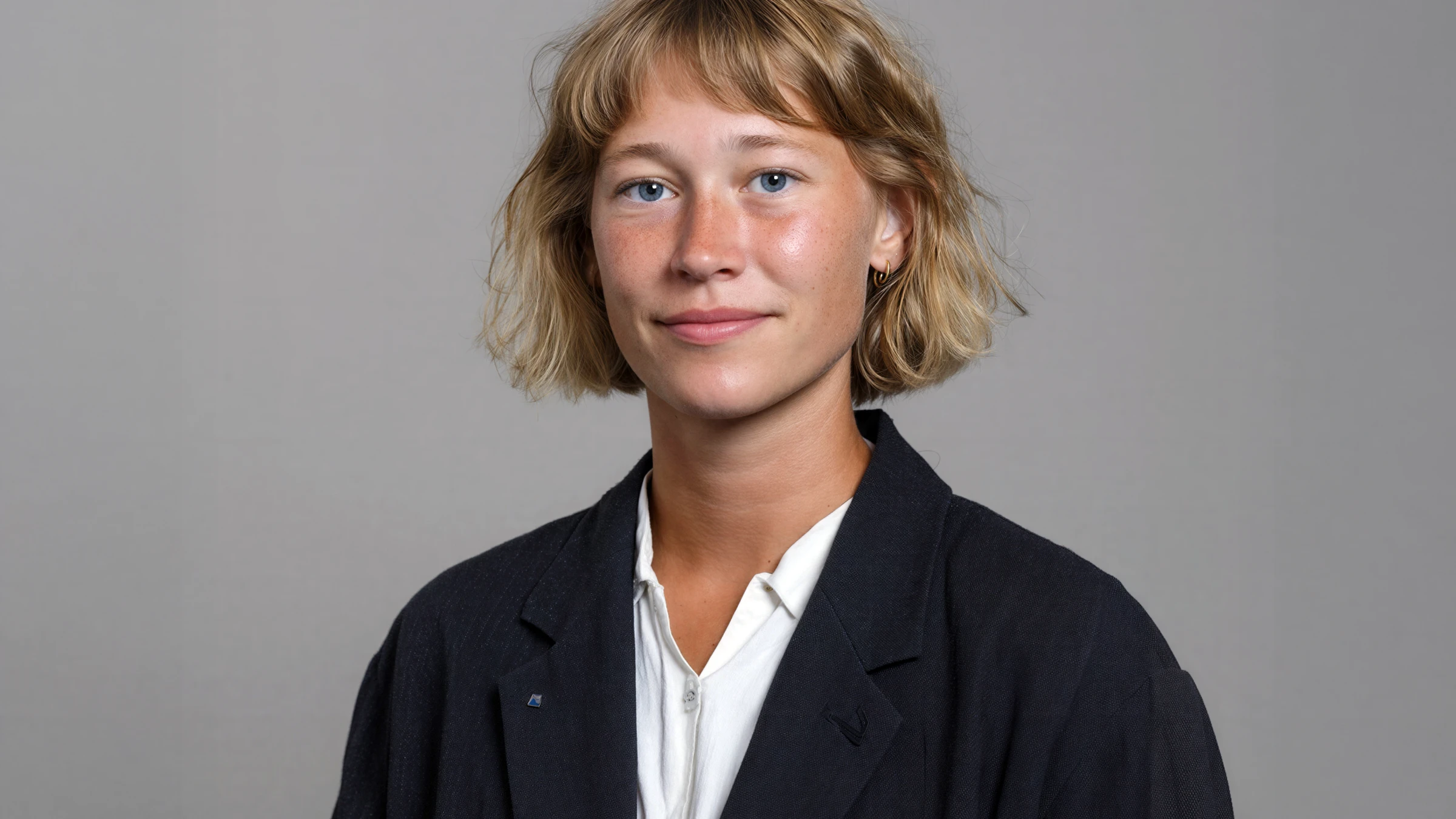 Portrait of a young woman with short blonde hair wearing a dark jacket over a white shirt, against a gray background.