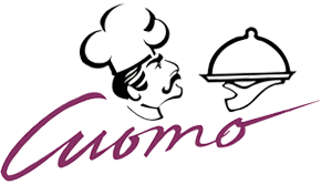 Cuomo catering logo with a chef holding a covered serving platter and the name Cuomo in script.