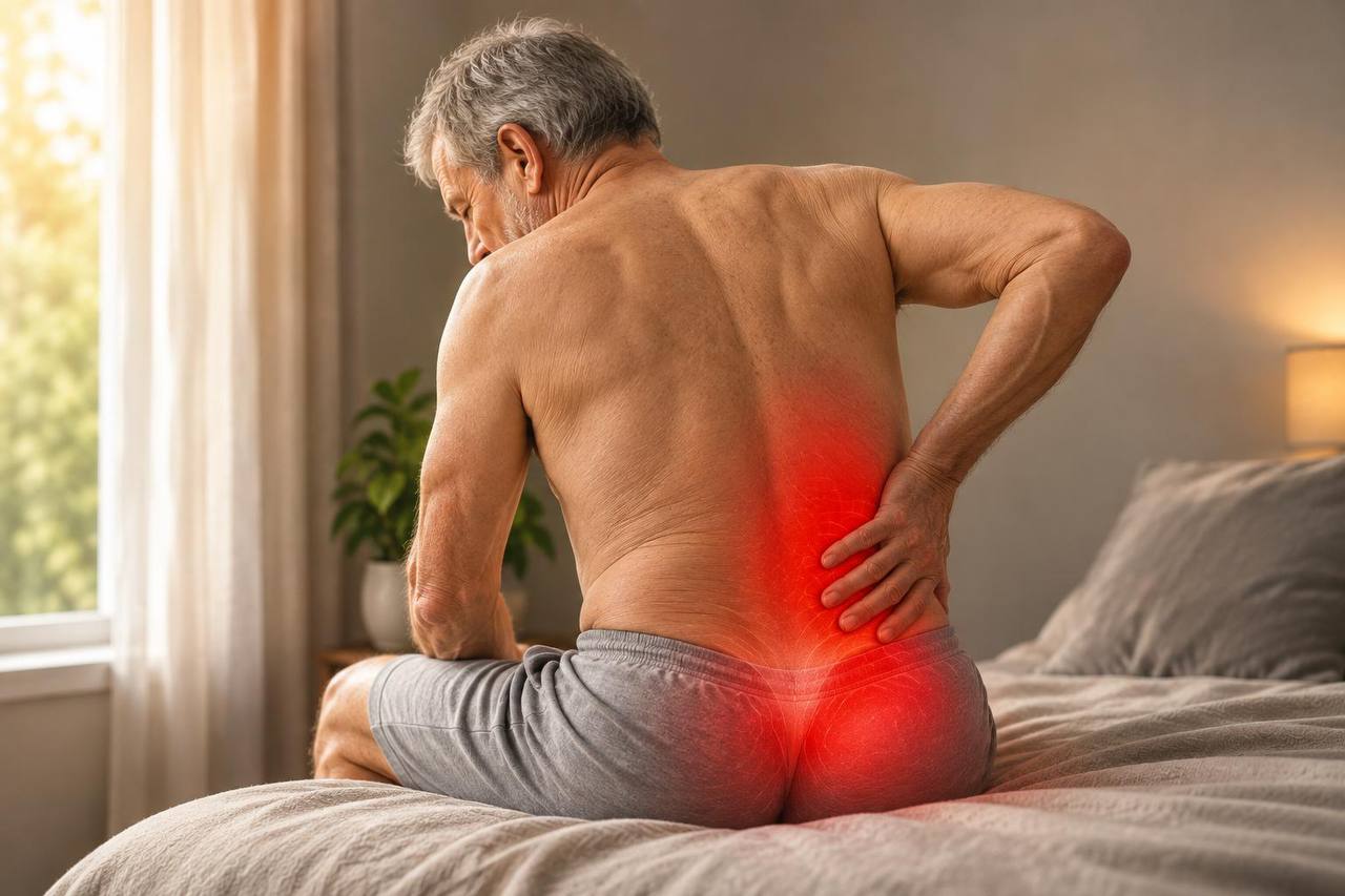 Älterer Mann sitzt auf einem Bett und hat schmerzen im unteren Rücken
