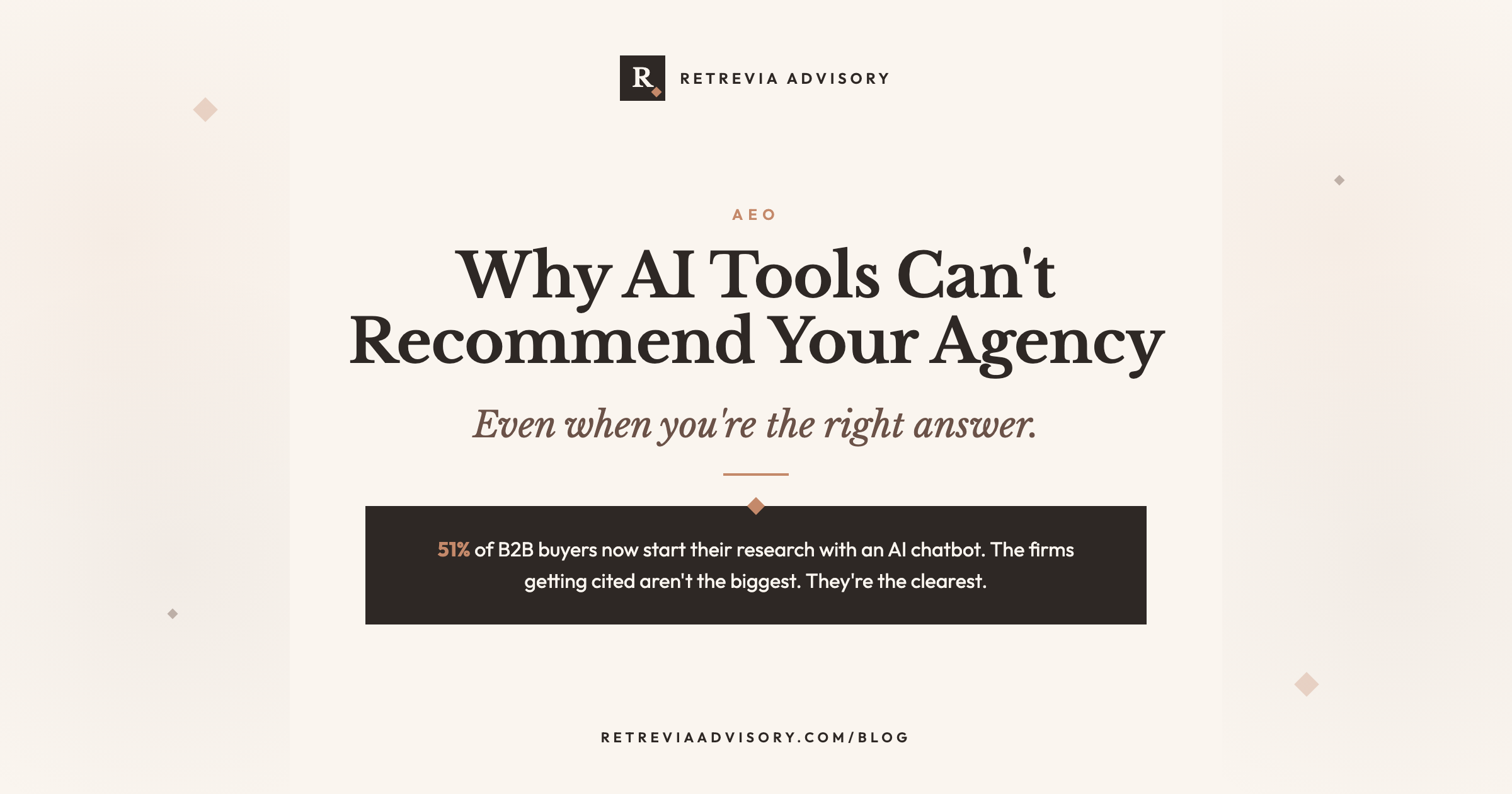 Editorial cover for the Retrevia Advisory post 'Why AI Tools Can’t Recommend Your Agency,' showing a Warm Noir stat card on Ivory with the line: 51% of B2B buyers now start their research with an AI chatbot.