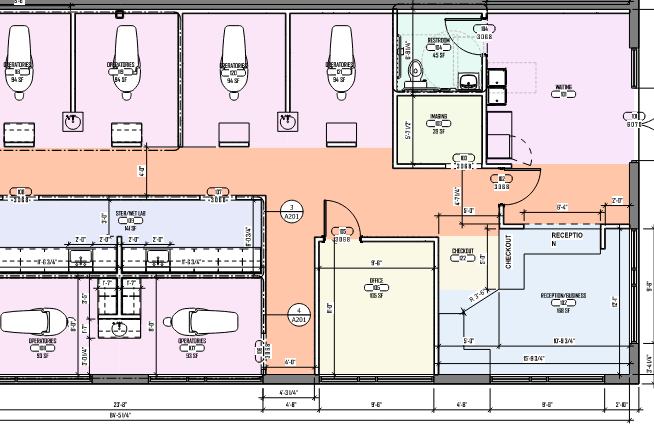 Dental clinic floor plan showing operatories, sterilization lab, office, reception, waiting area, restroom, and margins with dimensions.