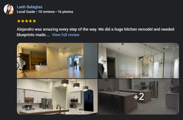 Google review by Lanh Balagtas praising Alejandro for a kitchen remodel with before and after photos of the renovation.