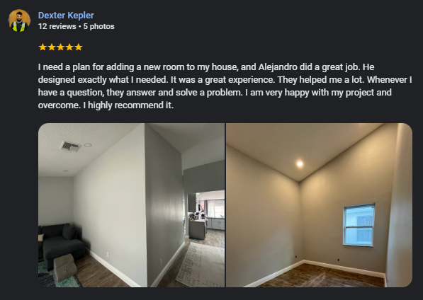 Split image showing before and after pictures of a newly added room with light walls, wooden floor, and a window.