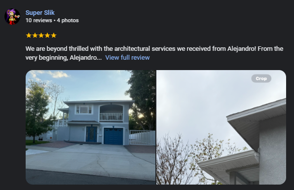 Two photos showing a light gray two-story house with a blue garage door and balcony, and a close-up of the house roof with tree branches against a cloudy sky.