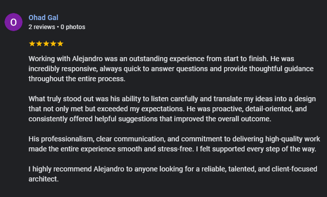 Customer review by Ohad Gal with a five-star rating praising Alejandro's responsiveness, attention to detail, clear communication, professionalism, and recommending him as a talented architect.