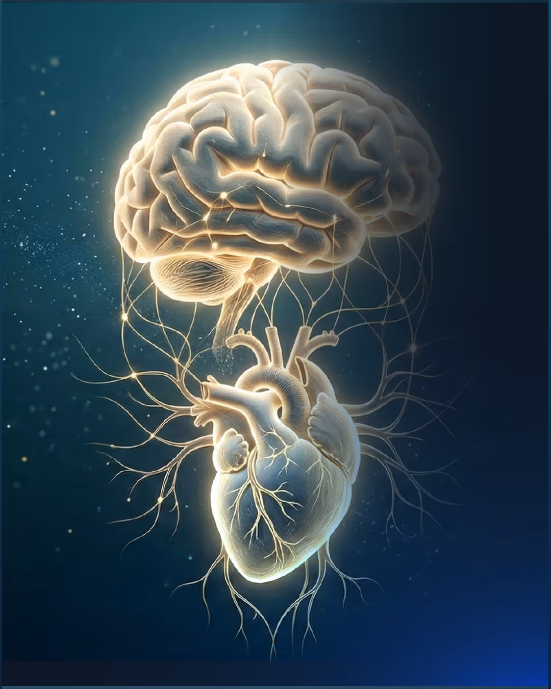 Illustration of a glowing brain connected to a heart by nerve-like branches on a dark background.