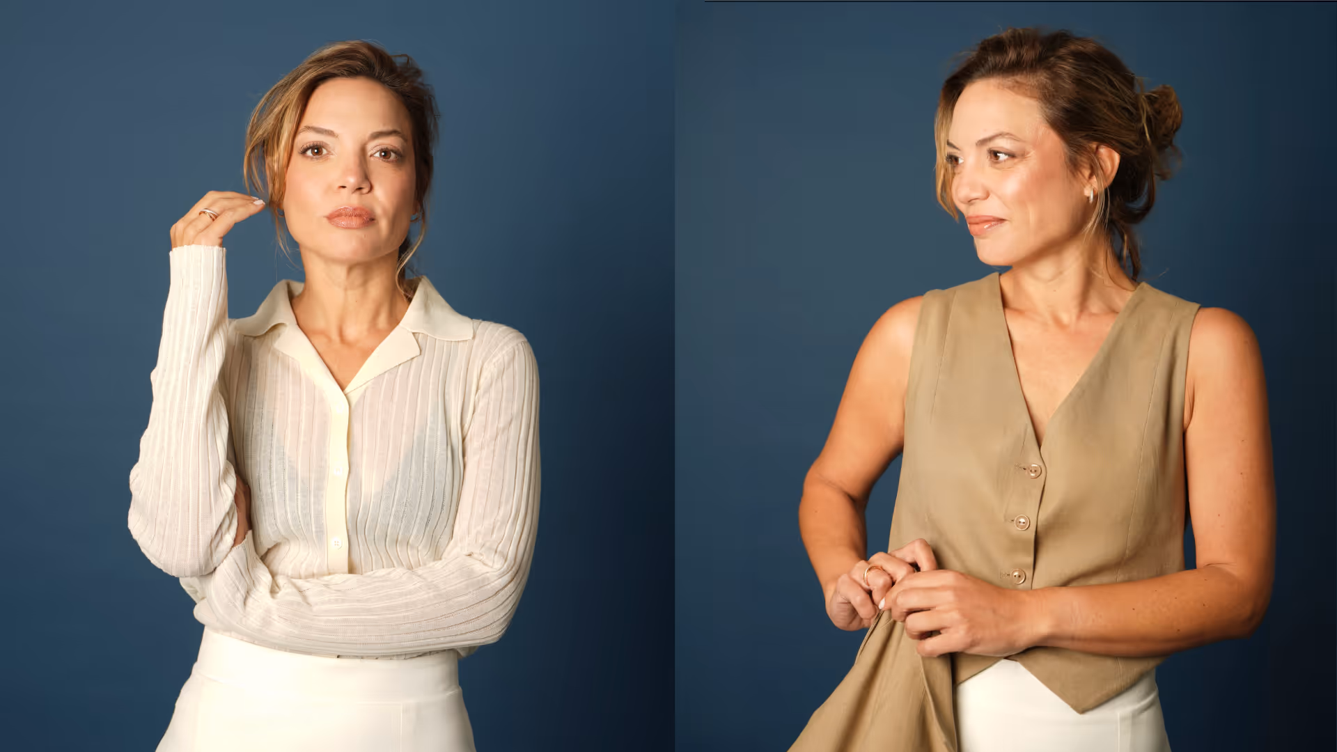 Two portraits of a woman with light brown hair against a blue background, wearing casual clothes.