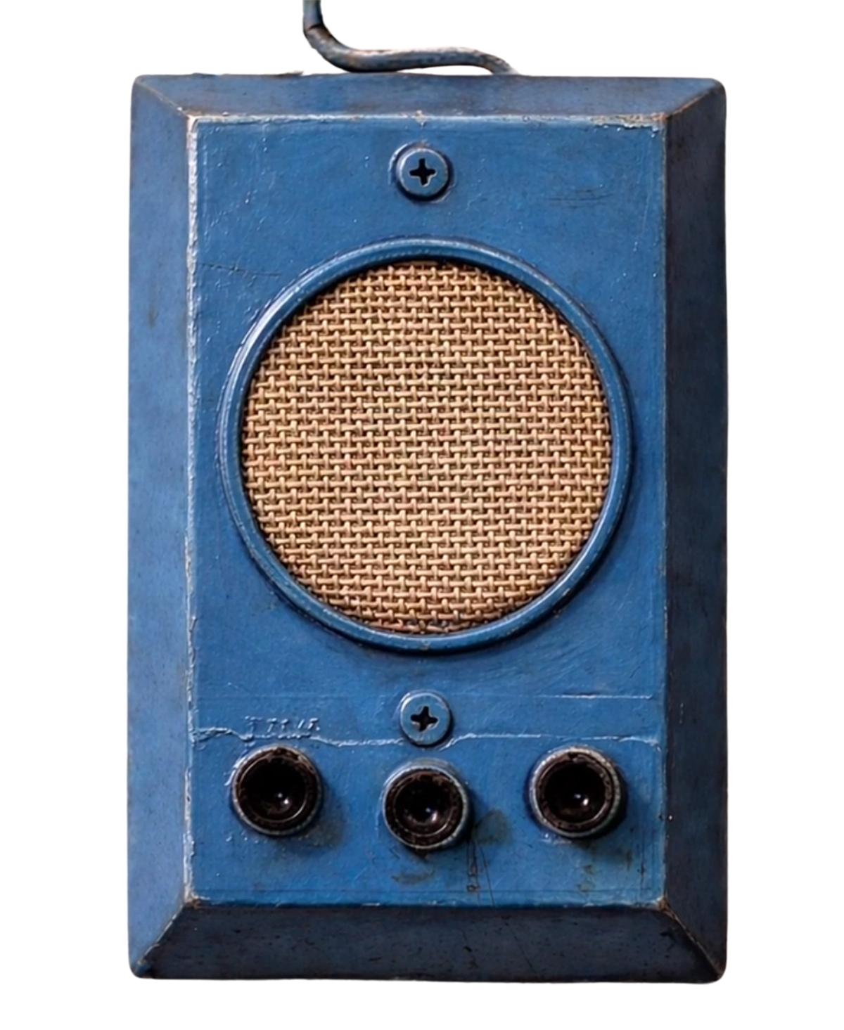 Blue vintage speaker with a circular woven mesh grille and three black input jacks at the bottom.