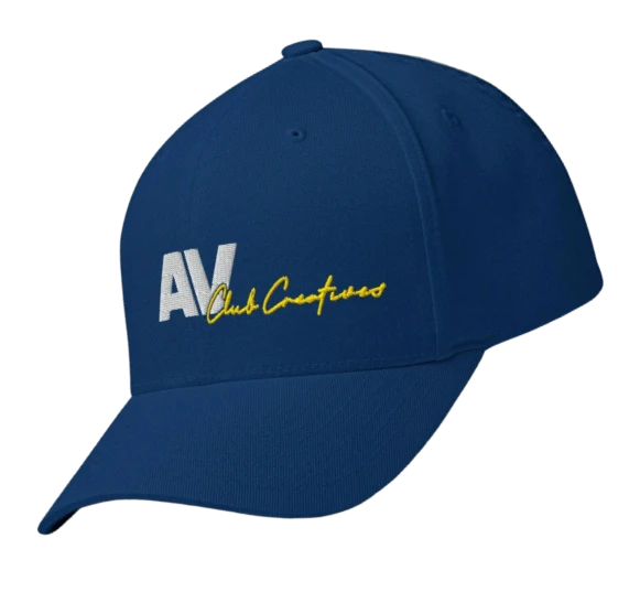 Navy blue baseball cap with 'AV' in white and 'Club Creatures' in yellow script embroidered on the front.